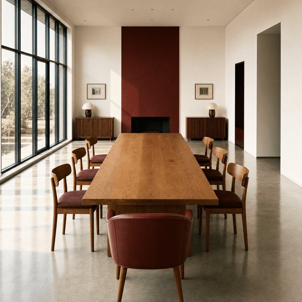 Salle de réunion en bois clair avec chaises symétriques et mur d'accent bordeaux, métaphore du collectif