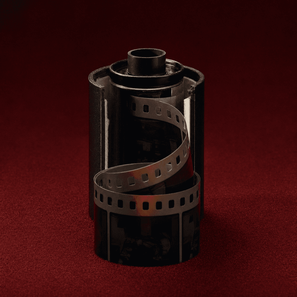 Pellicule argentique 35mm déroulée sur surface bordeaux, métaphore du moment Kodak