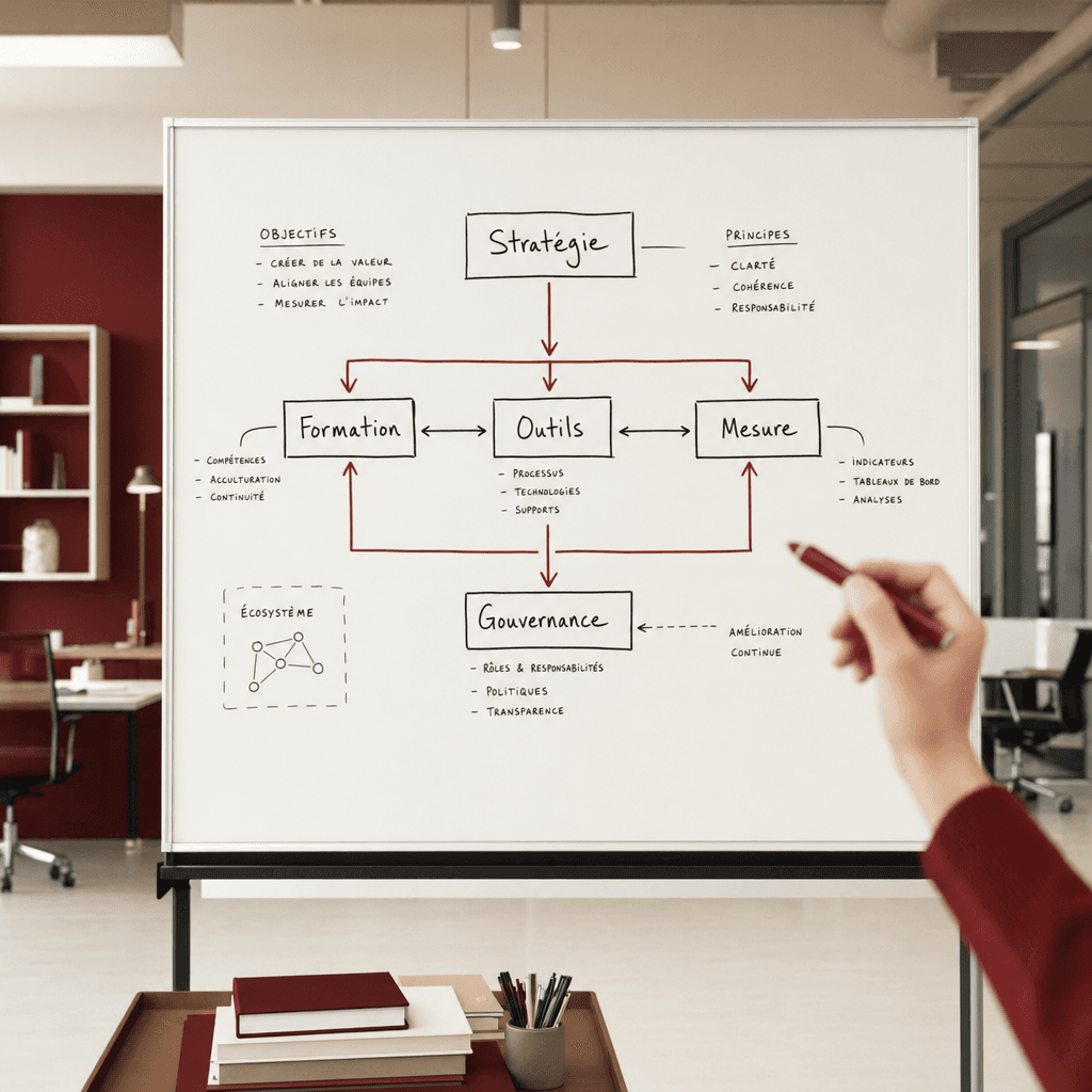 Tableau blanc d'atelier couvert de schémas et flèches, méthode Intégralité