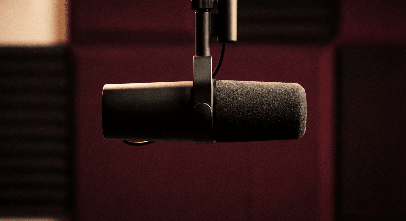 Micro Shure SM7B sur bras articulé, studio podcast TsunamIA