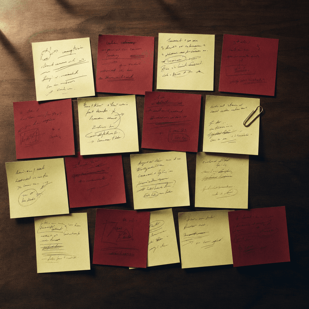 Bureau encombré de post-its, écrans et notebook bordeaux, métaphore du shadow IA